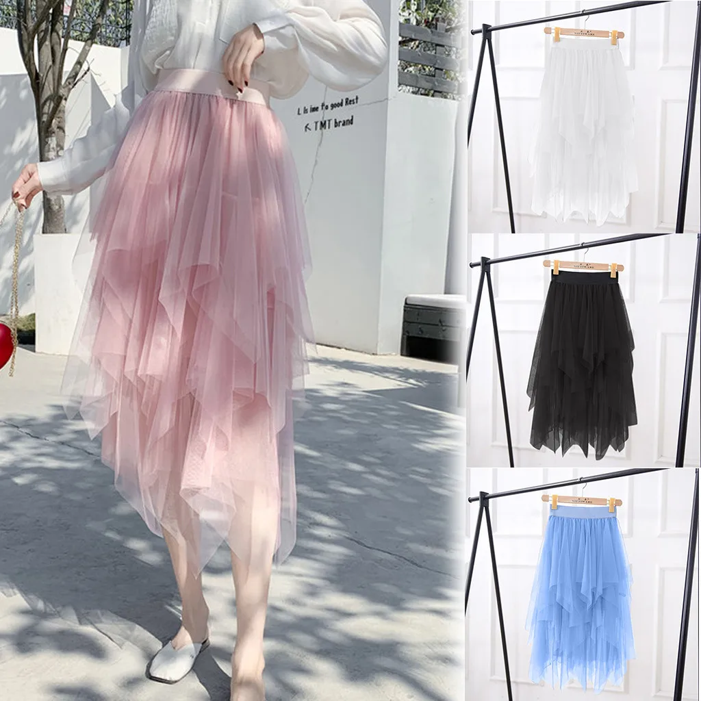 

2019 New Summer Solid Color Skirts Fashion Women Spring High Elastic Waist Mesh Tutu Skirt Irregular Long Skirt spodnica etek @5