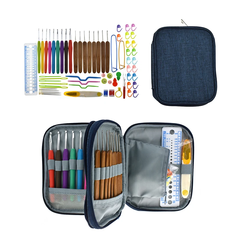 

New Crochet Hooks Knitting Needles Set Sewing Needles Full Set Knit Gauge Scissors Stitch Holder DIY Craft Tools with Blue Case