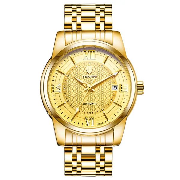 Роскошные брендовые TEVISE мужские деловые часы автоматический механический календарь часы Стальные водонепроницаемые светящиеся повседневные мужские наручные часы - Цвет: full gold
