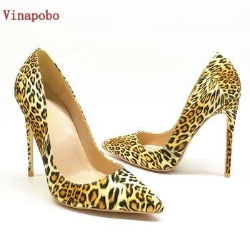 

Vinapobo High Heels Wedding Shoes Women Pumps Flock Leopard Print Sexy Stilettos 10 12cm Party Heeled Designer Shoes Plus size43