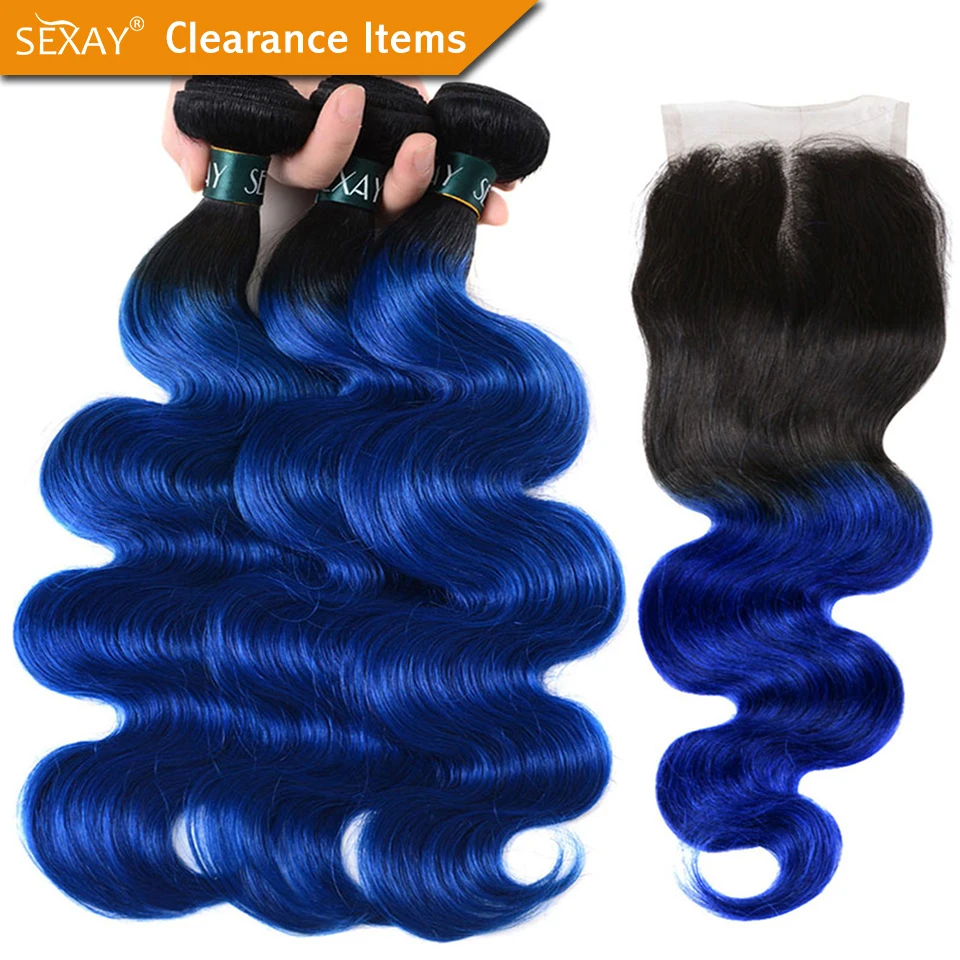 SEXAY Blue Hair 3 Bundles With Closure One Pack Dark Roots Two Tone Ombre Brazilian Body Wave Human Hair Weft With Lace Closure SEXAY Blue Hair 3 Bundles With Closure One Pack Dark Roots Two Tone Ombre Brazilian Body Wave Human Hair Weft With Lace Closure