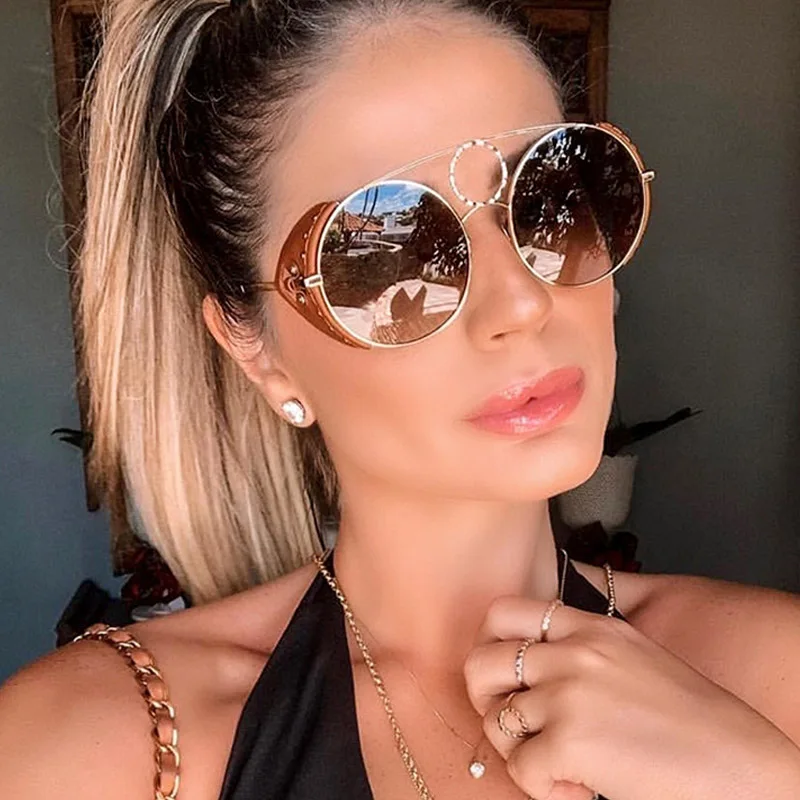 

Unisex Celebrity Luxury Round Sunglasses Women Italy Brand Designer Leather Rivet Punk Sun Glasses For Female Men Trend Sunglass
