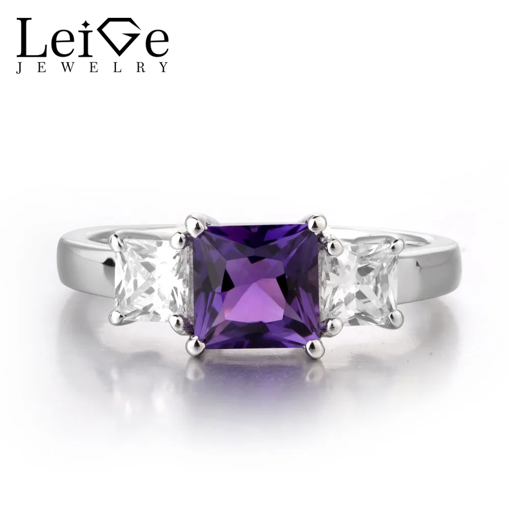 Leige Jewelry Square Cut Amethyst Ring Purple Gemstone Wedding