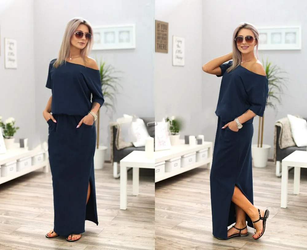 Women Summer Asymmetrical Casual Maxi Dress Pocket Blue Black Long Pleated Loose Dress Streetwear vintage vestidos de fiesta Dresses