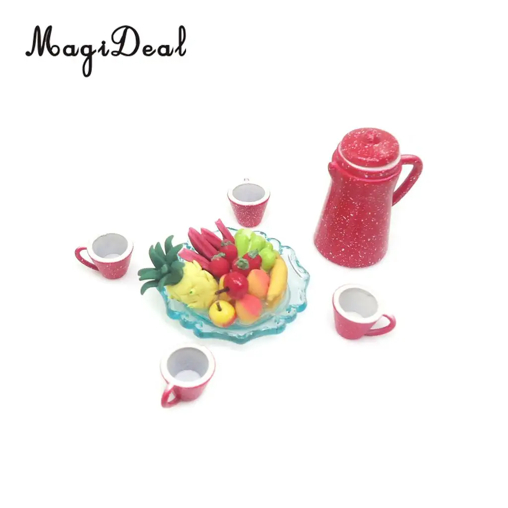 5Pcs/Set 1:12 Dollhouse Miniature Red Porcelain Pot Kettle Cups Coffee Tea Milk Set Restaurant Kitchen Tabel Decor Model Toy