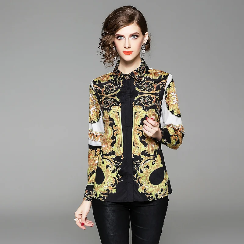 2018 runway designer womens tosp autumn blouse long sleeve fashion vintage print blouse ladies offi