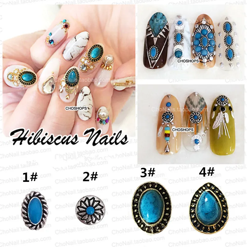 

10Pcs/Lot Retro Gold and Silver Round with Turquoise Metal Alloy Nail Art Decorations 3D DIY Nail Stickers Jewelry Nail Charms