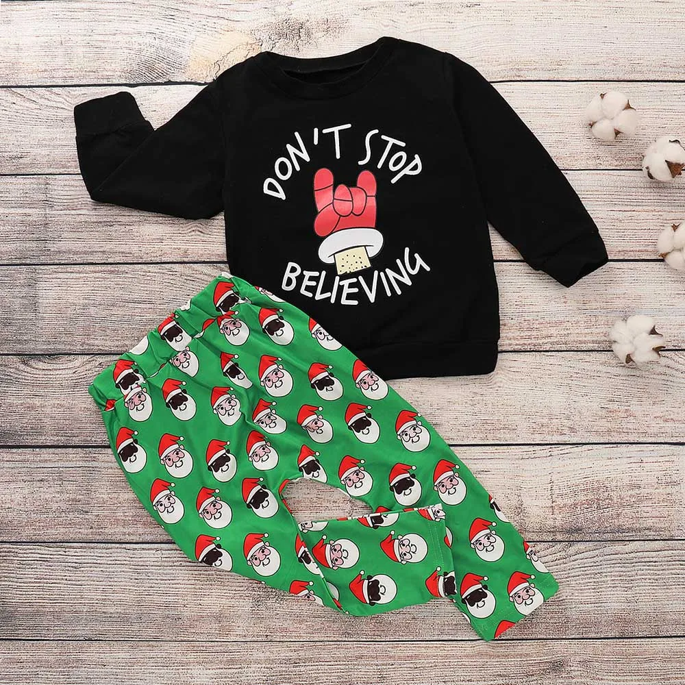Стильный и модный дизайнерский Рождественский комплект для маленьких мальчиков и девочек с длинными рукавами и буквенным принтом, топы и штаны