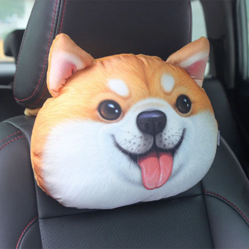 

30*25cm Creative Cute 3D Animal Dog Emoji Car Seat Neck Rest Cushion Headrest Pillow With Carbon Bag Home Sofa Nap Pillow
