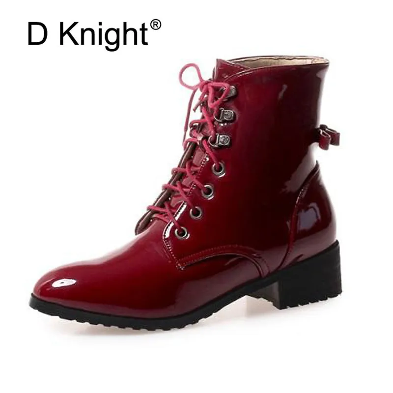 

2019 Women Boots Square Heels Autumn Shoes Patent Leather Ankle Boots For Women Pointed Toe Lace Up Woman Short Motorcycle Boots