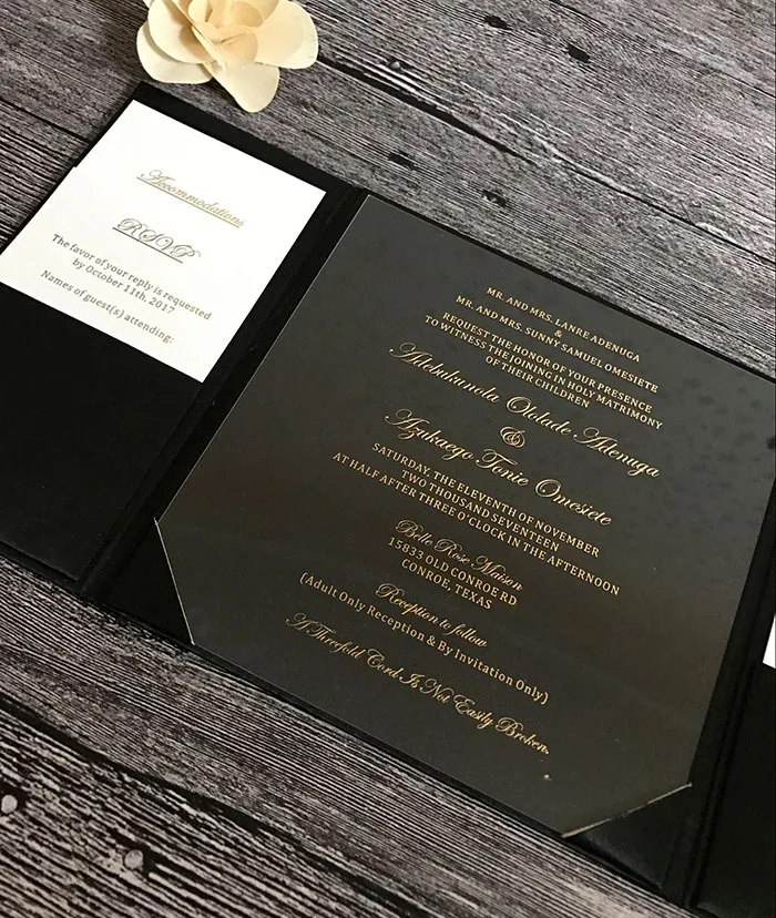  Luxury Black silk folio wedding invitation with gold foil printing - 32828221406
