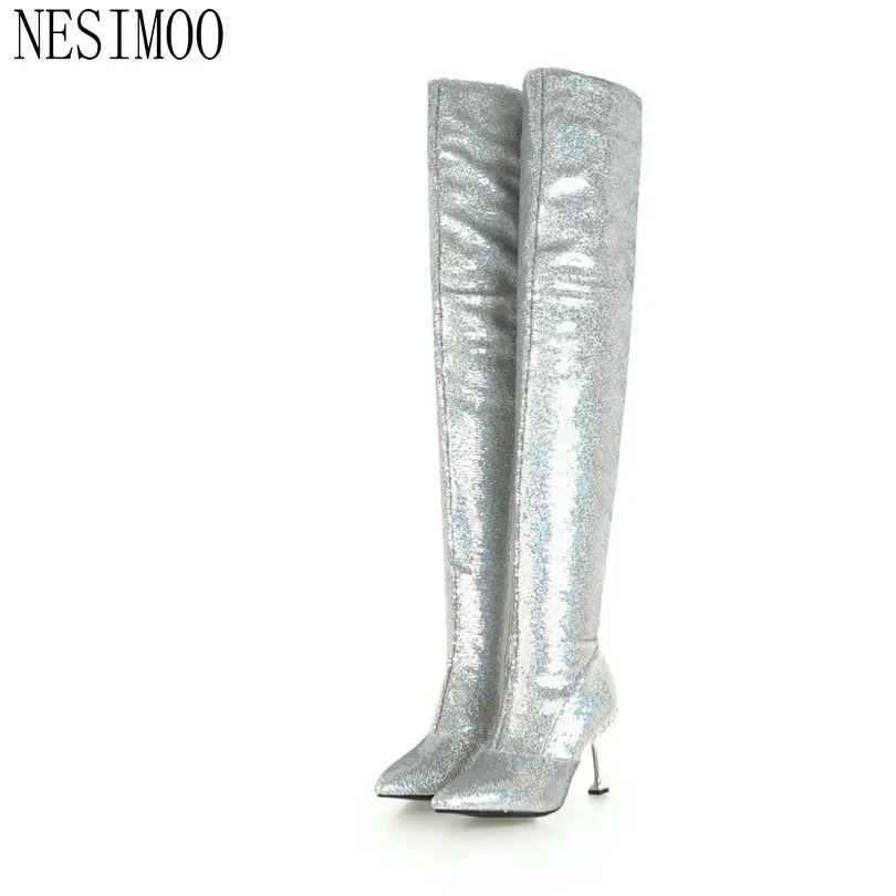 

NESIMOO 2019 Women Over The Knee High Boots Platform All Match Pointed Toe PU Leather Women Motorcycle Boots Size 34-43