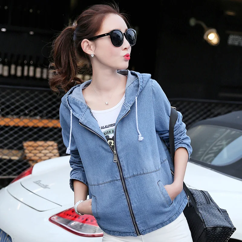 

Hot Sell Brand Designer Hooded Denim Jacket Women 2018 Autumn Harajuku Retro Outerwear Womens Denim Jacket Zipper Jeans Jackets