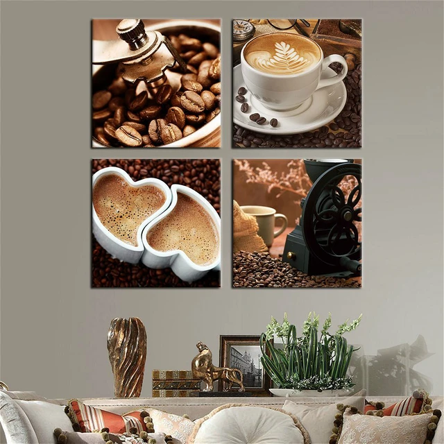 Kitchen Canvas Wall Art Coffee Bean Cup Prints Kitchen Canvas Wall Art Coffee Bean Cup Prints Decor 4 Panels Artwork Painting Pictures For Dining Home