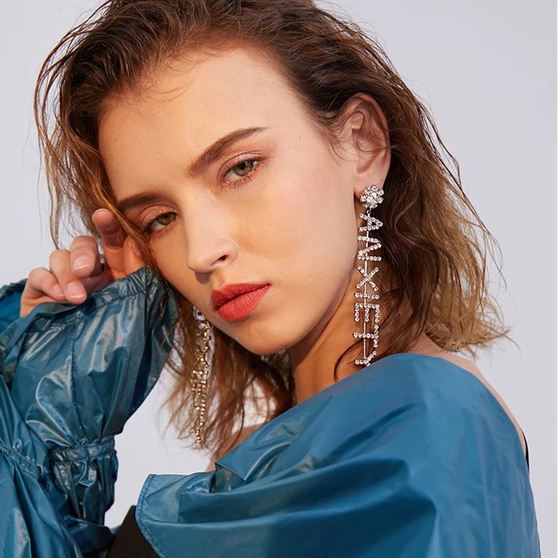 

European and American earrings hot sale rhinestones exaggerated personality long tessal letter dangle earrings for fashion women