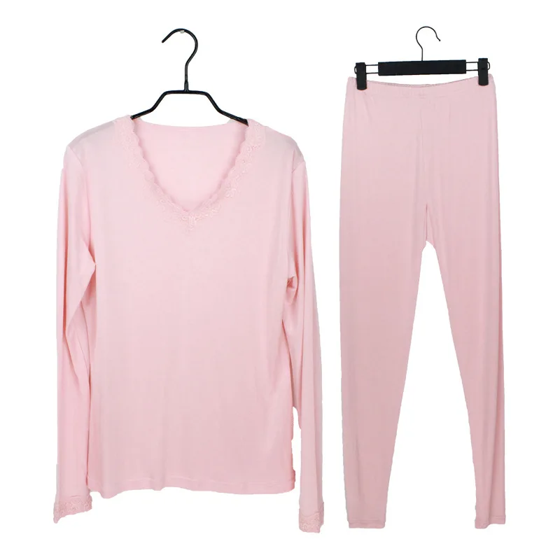 Silk Underwear, V Collar, Lace, Silk, Double-sided Knitted Comfortably silk long johns