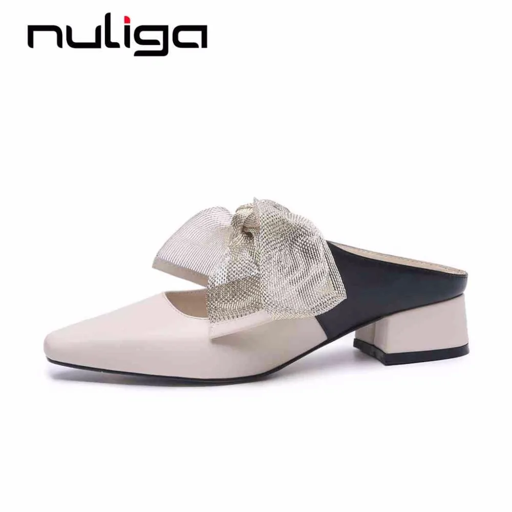 

Nuliga slip on mules full grain leather square toe low thick heels riband mixed colors beauty lady luxury woman summer pumps L36