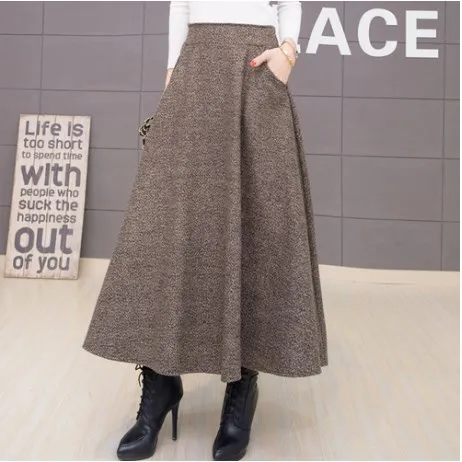 Elegant High Waist Thick Wool Vintage Korean Women Skirts New Female Robe Office Wear Bandage Peated Long Skirts FW119