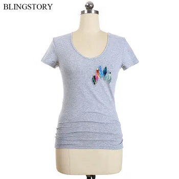 

BLINGSTORY Short Sleeve Cotton Basic T Shirt Big Size Women Flower Print Summer Tops S-6XL