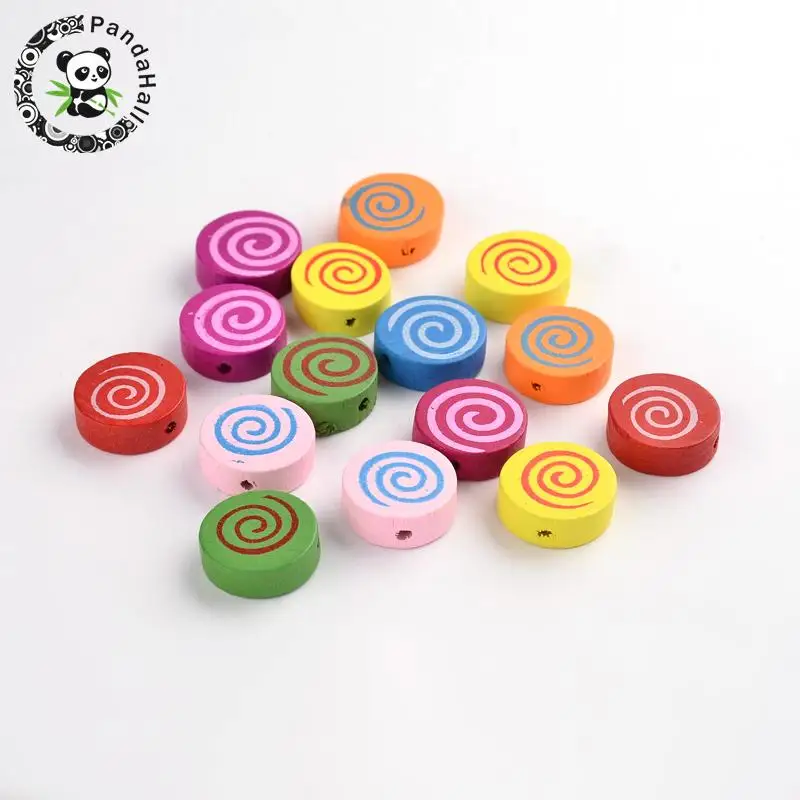 

16mm Mixed Color Dyed Flat Round With Spiral Pattern Lead Free Wood Beads for Jewelry Making Necklace Finding 6mm thick hole:2mm