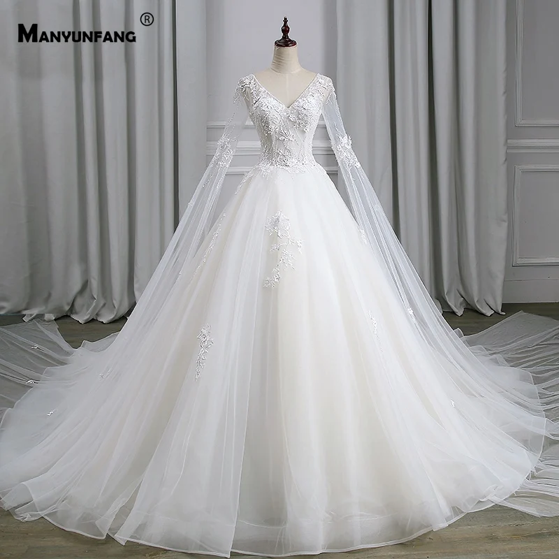 Batwing Sleeves Lace Wedding Dress V Neck Backless Royal Train Bridal
