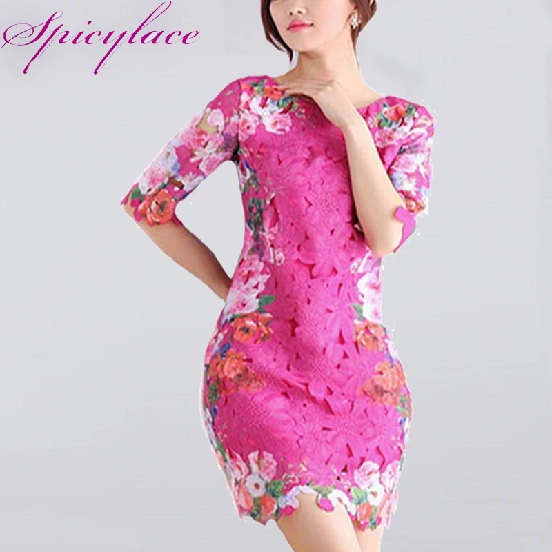 

Spicylace 2018 Women Summer Floral Elegant Lace Rose White O-Neck Half Sleeve Bodycon Butterfly Print Mini Dress Party Vestidos