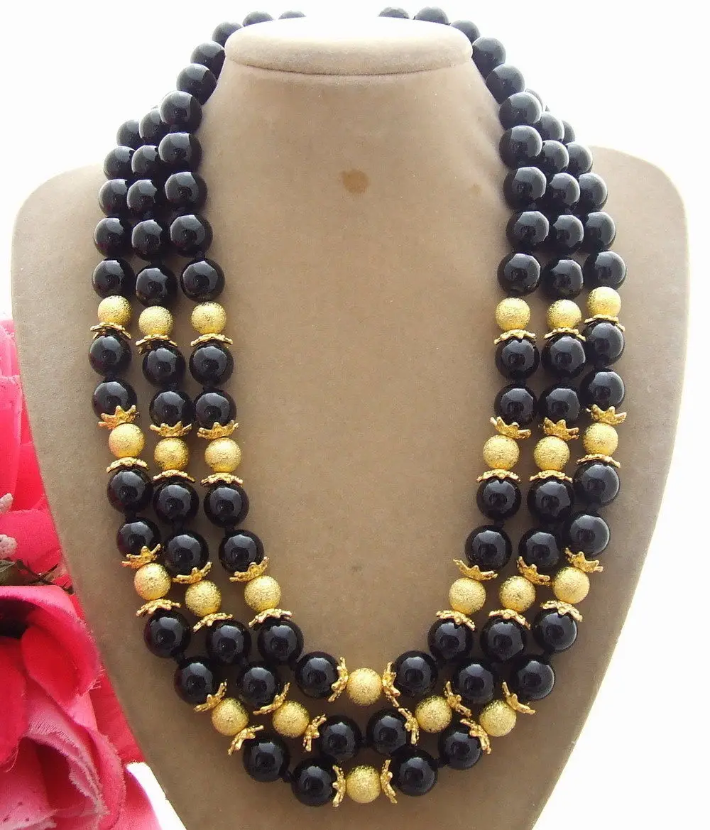 

CBN131 Beautiful Natural 3 Strands 10mm Onyx Necklace