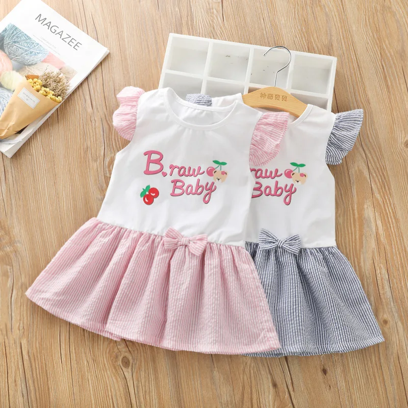 

BibiCola Summer Girls Dress Children Kids Sleeveless Fashion Princess Dress Clothes Girls Children Cotton Striped Dress Clothing