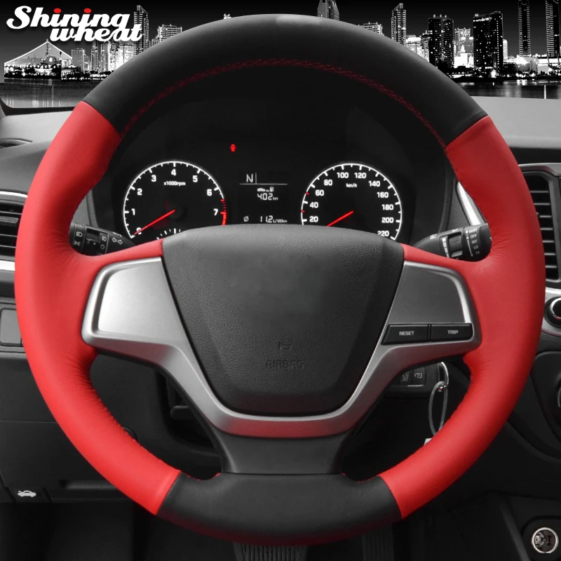 Shining wheat Black Red Leather Car Steering Wheel Cover for Hyundai