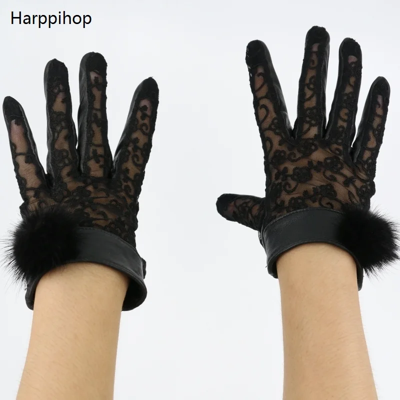 Wholesale newest Spring 2017 Women Female Genuine Leather Gloves Lace Full Finger Touch Screen Gloves Wrist Mittens For Women