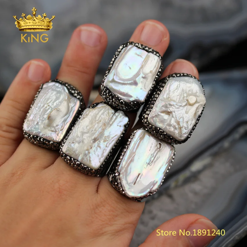 

5pcs Black Gunmetal Plating Pearl Rings,Natural Pearl Shell Free Form Rectangle Shape with Rhinestones Bands Rings Supplies YT35