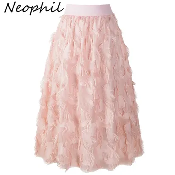 

Neophil White Mesh High Waist Saia Midi Skirts Womens 2020 Summer Sweet Kawaii Feathers A line Long Jupe Tulle Femme Skirt S1653