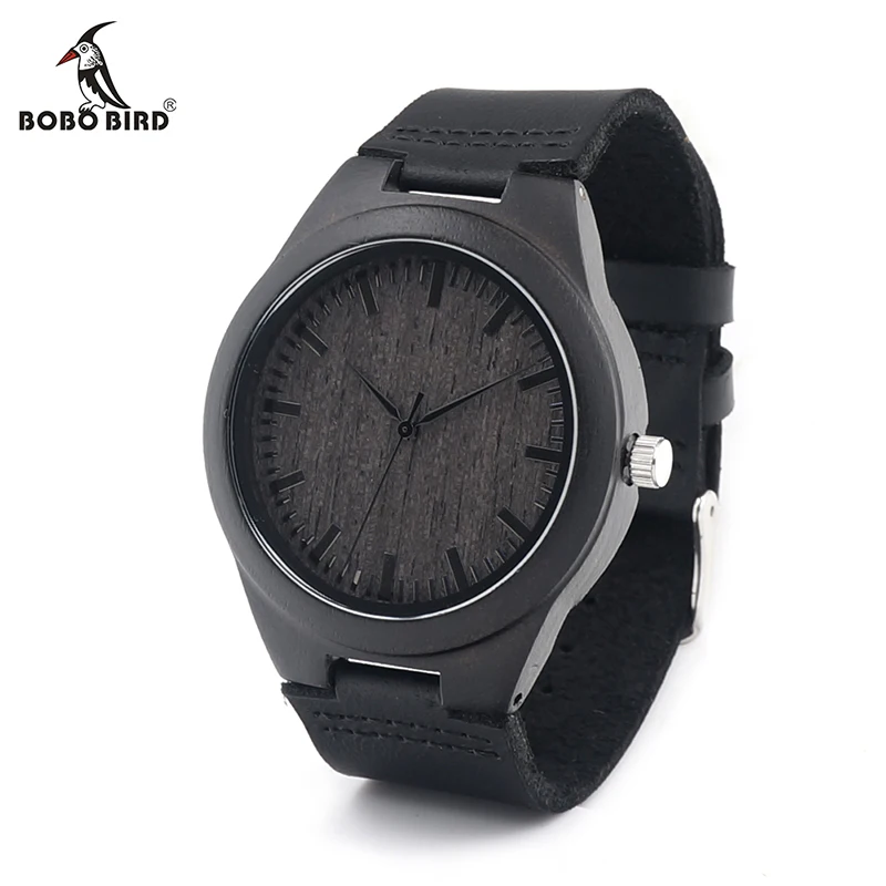 BOBO BIRD V-D26 Mens Black Ebony Wooden Watch Wood Dial Leather Strap Quartz Watches erkek kol saati in Gift Box relojes hombre