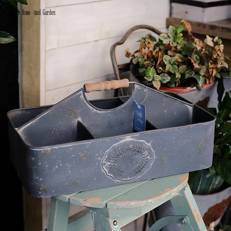 

rustic gray hand made metal zinc vintage planter box with compartments