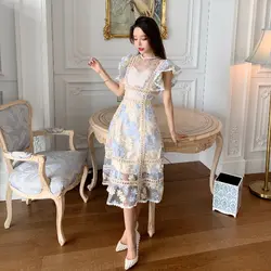 2019 г. женские новый стиль Элегантные сетчатая Кружевная аппликация платье выдалбливают цветочные летние с коротким рукавом бабочка платье