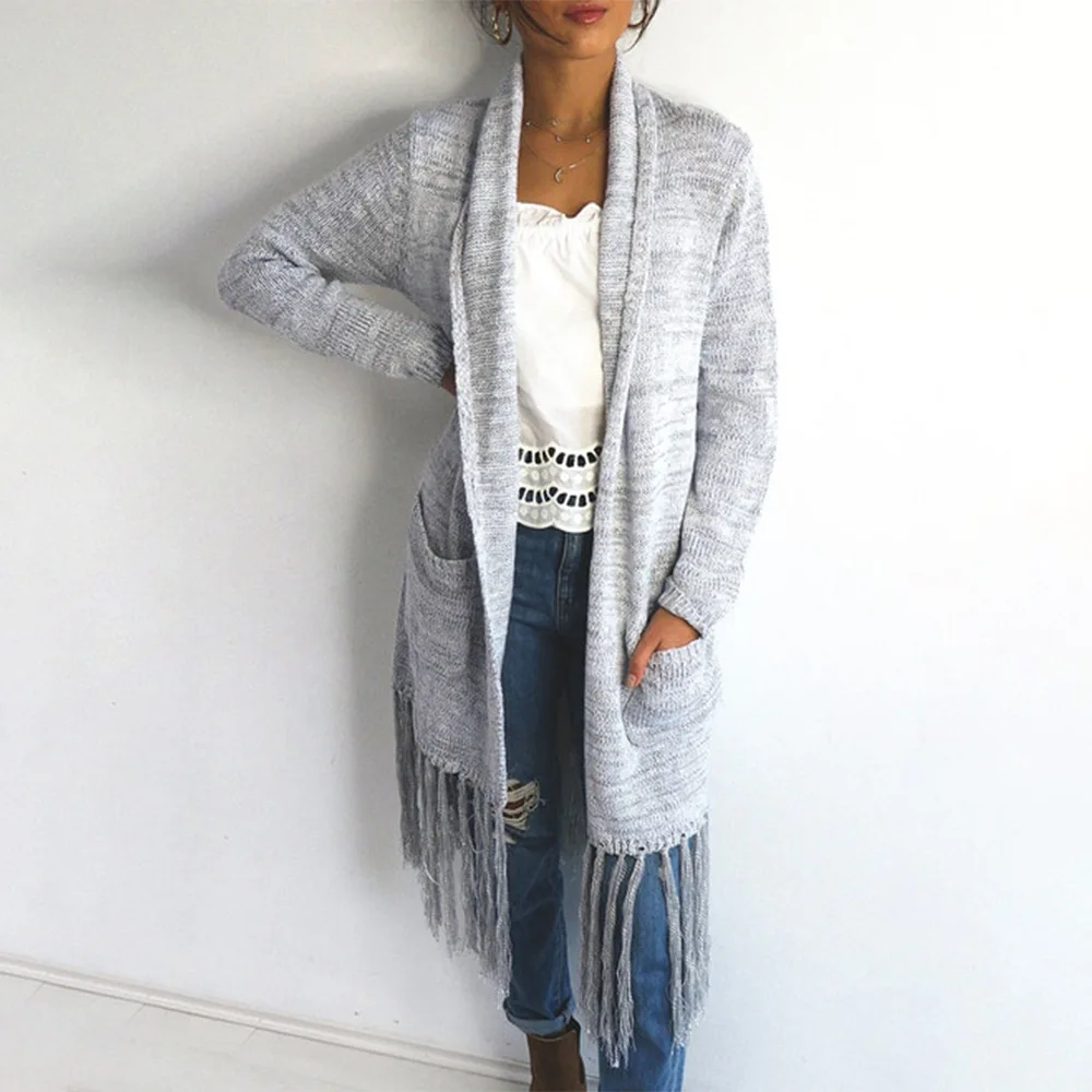 

Liva girl Autumn Winter Cardigans Sweaters Women Open Stitch Long sleeve Loose Fringed Knitted Sweater Tassel Decor