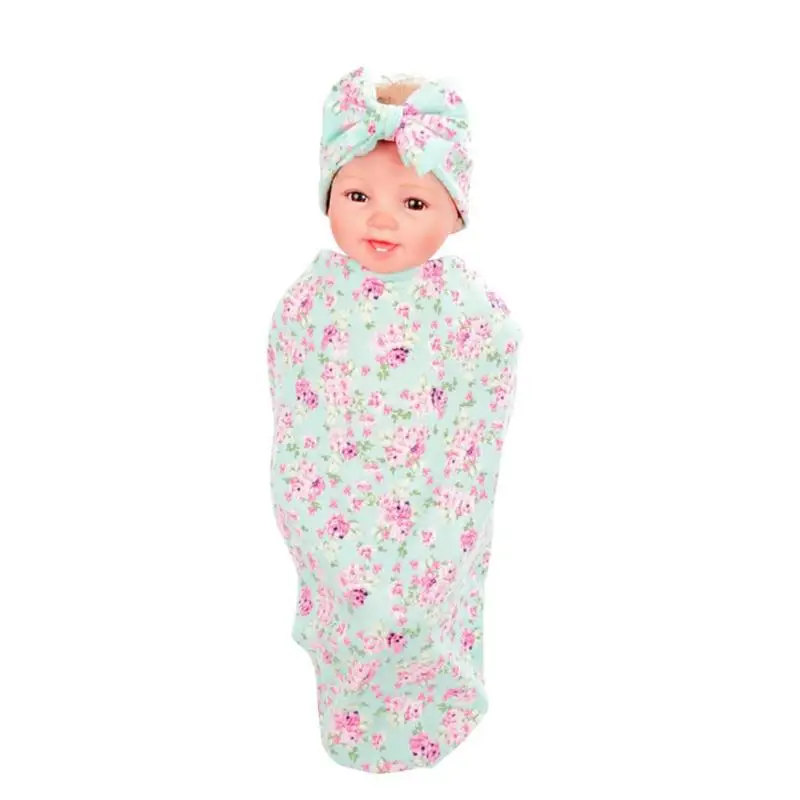 

2pcs/set Cute Newborn Baby Bowknot Flower Print Swaddle Blanket Headband Soft Baby Blankets + Headbands Fashion Swaddle Flower