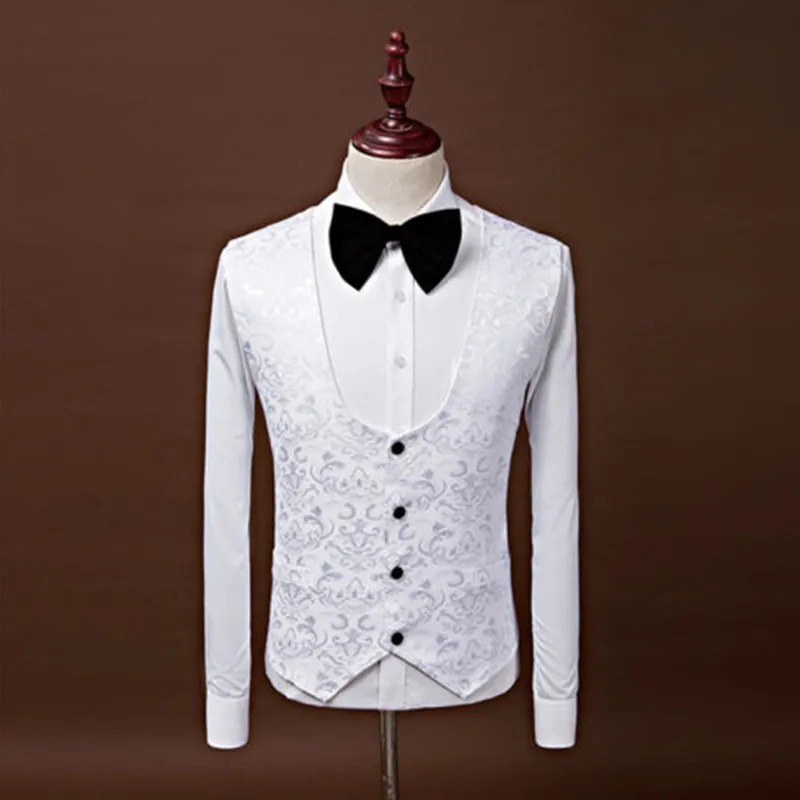 Высокое качество Классический белый цветочный u-образный вырез на заказ четыре пуговицы два кармана без рукавов мужские офисные профессиональные костюмы жилет