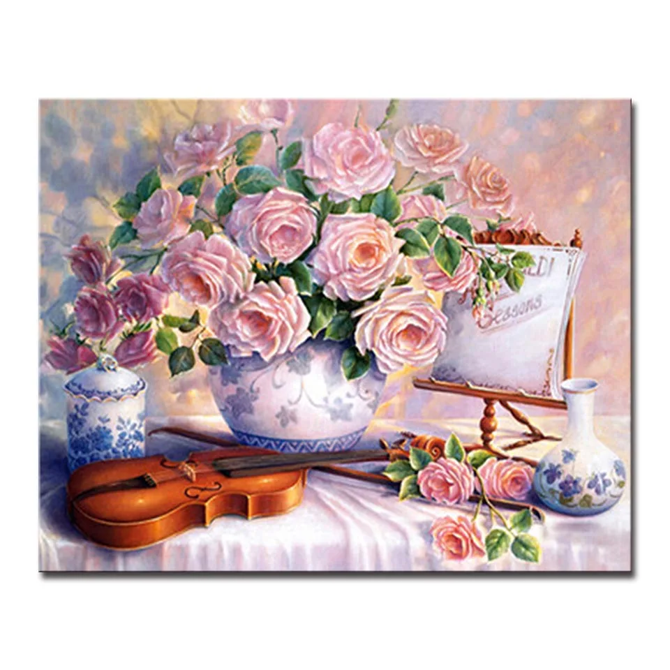

DIY Oil Painting By Numbers Coloring Violin Pink Hibiscus Flower On Canvas Pictures HandPainted Unique Home Decor Wall Art Frame