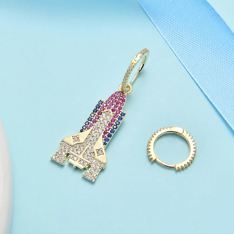 Zhijia new colorful creative crystal rhinestone asymmetric rocket design stud earrings for women party gifts