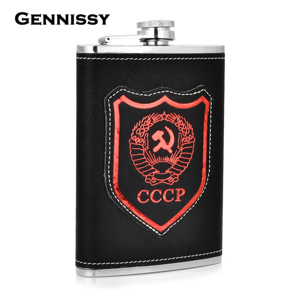 GENNISSY Stainless Steel 9 oz Mini Hip Flasks Classic Red CCCP Design Pattern Leather Whiskey Flask