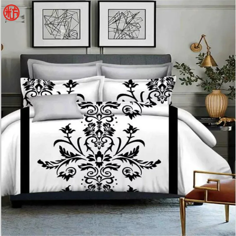 Fashion White And Black Flower Bedding Set 3pcs Set One Duvet