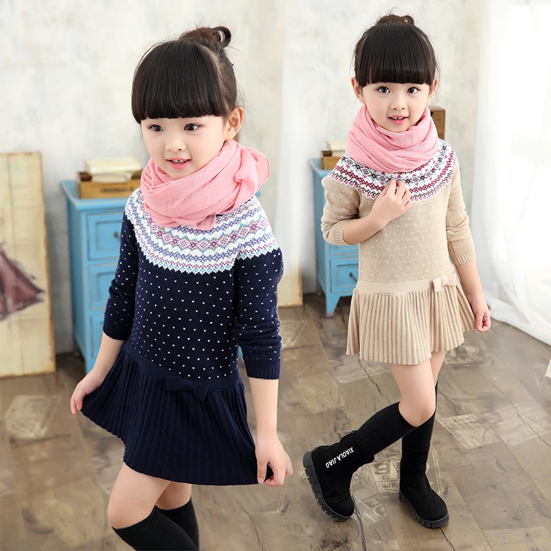 

2018 Fall Winter Clothing New Girls Fashion Knitted Dress Baby Kid Vintage Print Sweater Dresses Children Jersey Knit Dress G347