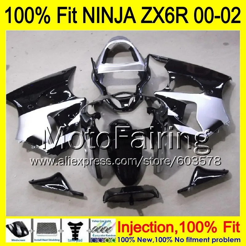

8Gifts Injection mold Body For KAWASAKI NINJA ZX-6R 00-02 INJ183 ZX 6R ZX6R 00 01 02 ZX636 2000 2001 2002 Fairing silver black