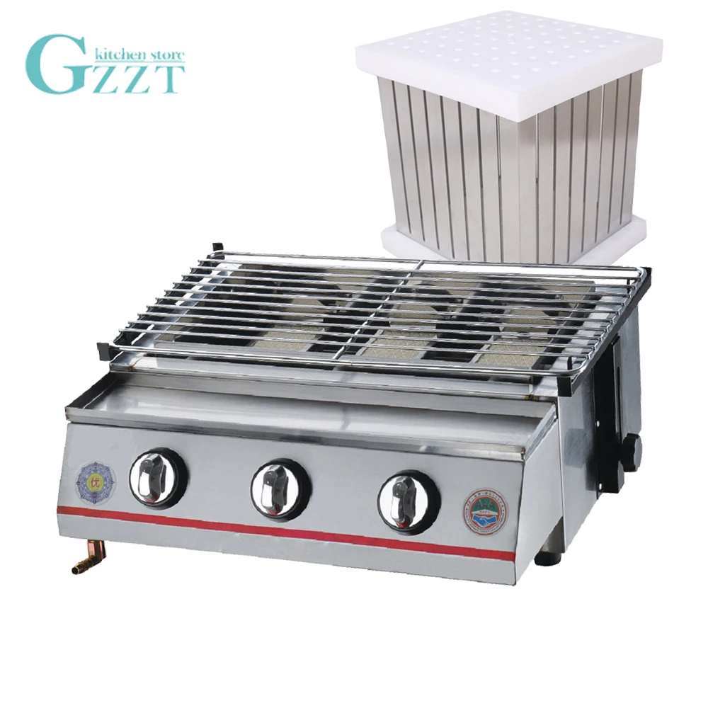 GZZT LPG Gas Grill BBQ Grill 3 Burners Smokeless Environmental Grill With Stainless Steel Shield Buy One Get One Meat Skewer