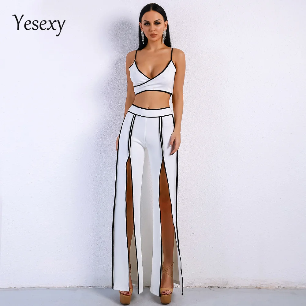 

Yesexy 2019 Women Sexy Off Shoulder Two Pieces Set High Split White Jumpsuit VR9102