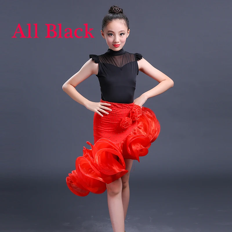 Платье для латинских танцев для девочек; детская одежда для сальсы для соревнований; красные юбки; костюмы для бальных танцев; Детские платья для сценических танцев - Цвет: Черный