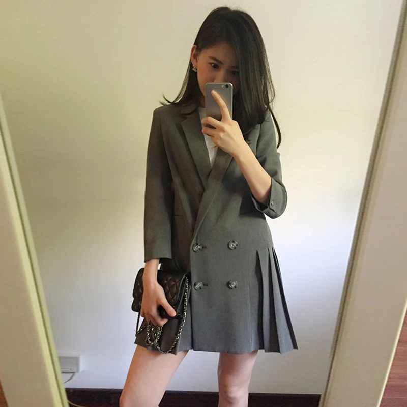fashion black casual small suit female new spring long self cultivation slim Hem folds coat Women Blazers