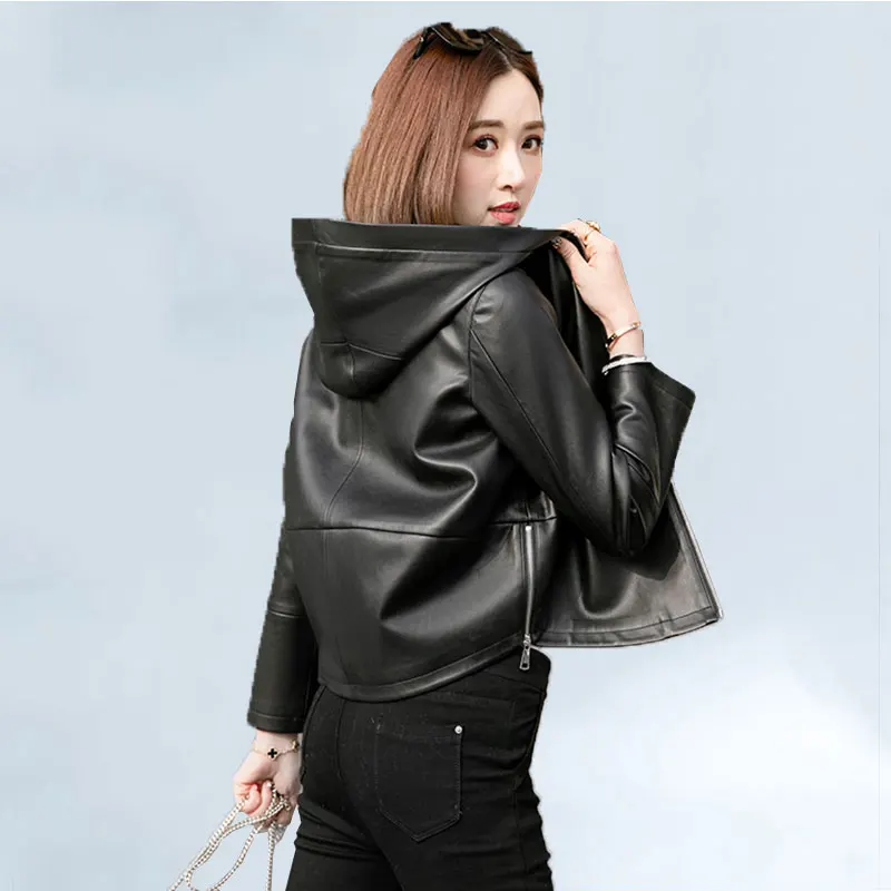 

2019 Spring Autumn New Genuine Leather Women Jacket Short Haining Washed Leather Hooded Tops Female Fashion Loose Outwear Coat