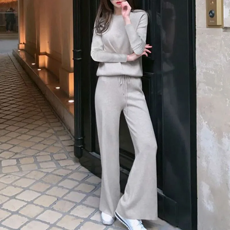

Casual Fashion Pants Set 2019 Autumn Winter New Women Knitting Sweater Tops Wide Leg Pants Two Piece Set Women's Clothing Suit